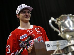 Memorial Cup champion Oshawa Generals captain Josh Brown speaks to the fans at the General Motors Centre with the Memorial Cup trophy on Tuesday June 2, 2015. Jack Boland/Toronto Sun/Postmedia Network