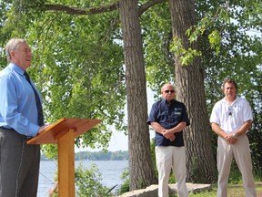 SAMANTHA REED/FOR THE INTELLIGENCER
Quinte Conservation manager Terry Murphy (right) listens while MP Daryl Kramp (left) speaks during an announcement Friday morning. The government will be funding three Quinte Conservation long-term projects totaling $872, 000. The projects are designed to improve the water quality and restore ecosystems within the Bay of Quinte.