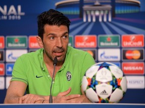 Gianluigi Buffon of Juventus attends a press conference on the eve of the UEFA Champions League final against FC Barcelona at Olympiastadion on June 5, 2015 in Berlin. (AFP PHOTO/UEFA)
