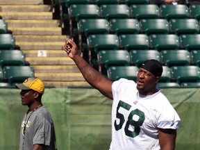 Tony Washington left practice Friday with an undisclosed injury, leaving the Eskimos down three big bodies after the first week in camp. (Perry Mah, Edmonton Sun)