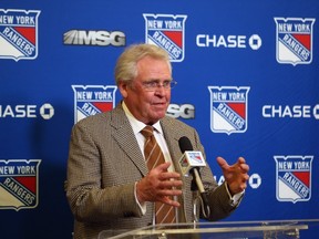 New York Rangers president and GM Glen Sather addresses the media prior to a game against the Nashville Predators at Madison Square Garden March 2, 2015 in New York. (Bruce Bennett/Getty Images/AFP)