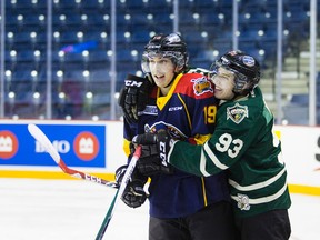 Dylan Strome of the Erie Otters and Mitchel Marner of the London Knights jostle at the end of practice before the CHL/NHL Top Prospects game on Jan 22. 2015 at the Meridian Centre in St. Catharines, Ont. (Bob Tymczyszyn/St. Catharines Standard)