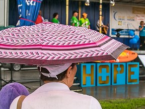 Umbrellas and raincoats came out at the 2015 Relay For Life as rain clouds rolled in  on Friday in Picton. Those walking were undeterred by the wet weather, walking the track from 7 p.m. to 7 a.m. Tim Miller/The Intelligencer/Postmedia Network