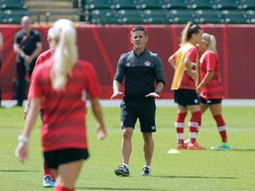 Jun 5, 2015; Edmonton, Alberta, Canada; Canada head coach John Herdman leads his team through practice on the day before the first game of the FIFA women's soccer World Cup games at Commonwealth Stadium between Canada and China. Mandatory Credit: Erich Schlegel-USA TODAY Sports