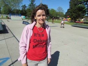 Teresa Ingles stands in Tecumseh Park on Saturday June 6, 2015 in Sarnia, Ont., where the Deker Bauer Foundation for Suicide Prevention held a skateboard competition. The foundation and Saturday's event are named after Ingles' son who died last year. Paull Morden/Sarnia Observer/Postmedia Network