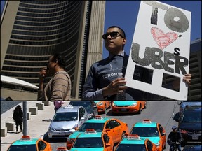 Above: Uber supporters rally in front of Toronto City hall on May 6, 2015. 
Below: Toronto taxi drivers stage a protest against Uber on the streets around City Hall on May 14, 2015.