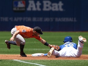 Jose Bautista of the Toronto Blue Jays steals second base as Jose Altuve of the Houston Astros makes the late tag during MLB action June 6, 2015 at Rogers Centre in Toronto. (Tom Szczerbowski/Getty Images/AFP)
