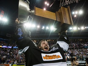 Edmonton Rush goaltender Aaron Bold celebrates his team's Champion's Cup triumph over the Toronto Rock at Rexall Place in Edmonton on June 5, 2015. (DAVID BLOOM/Postmedia Network)