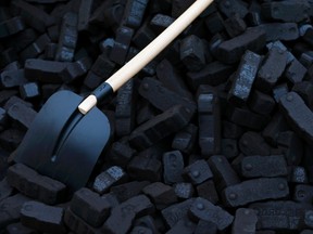 A shovel is placed over coal briquettes during a protest in front of the chancellery in Berlin December 3, 2014. Germany's cabinet will agree plans to cut CO2 emissions by up to 78 million tonnes by 2020, pushing operators to shut some coal-fired plants, to help Europe's biggest economy meet ambitious targets to fight climate change. The package, which also includes an energy efficiency program, is essential if Chancellor Angel Merkel is to avoid the embarrassment of missing her government's goal of a 40 percent reduction in emissions by 2020, compared to 1990 levels. REUTERS/Hannibal Hanschke