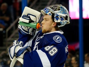 Andrei Vasilevskiy #88 of the Tampa Bay Lightning drinks water during a break in play against the Chicago Blackhawks in the third period in Game Two of the 2015 NHL Stanley Cup Final at Amalie Arena on June 6, 2015 in Tampa, Florida. (Bruce Bennett/Getty Images/AFP)