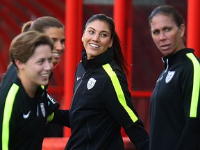 Team USA goaltender Hope Solo was the centre of attention again yesterday. (KEVIN KING/Winnipeg Sun)