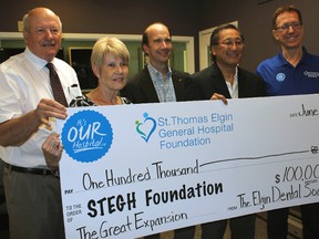 St. Thomas Elgin General Hospital Foundation representatives Ken Monteith, left, and Susan O'Brien accept a $100,000 donation from Elgin Dental Society members Dr. Robert Morin, Dr. Derek Haruta and Dr. Bill Abbott. The donation, to be made over the next five years, will support the hospital's Great Expansion infrastructure project.