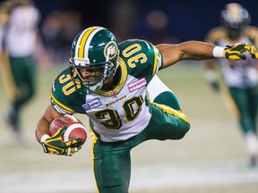 Updated on June 8, 2015.  Eskimos running back John White sustained a ruptured left Achilles tendon during yesterday's practice. He will miss the 2015 season.

October 4, 2014.. Edmonton Eskimos John White  during 1st half  CFL action against the Toronto Argonauts at the Rogers Centre in Toronto, Ont. on Saturday October 4, 2014. Ernest Doroszuk/Toronto Sun/QMI Agency