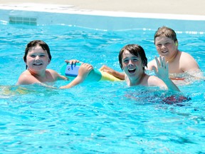 Noah Barnes (left), 9; Cole Wilton, 13 and Josh Duncan, 12 usher in the start of the West Perth Lions Pool season last Saturday, June 6 – a sure sign that summer is on the way. ANDY BADER/MITCHELL ADVOCATE
