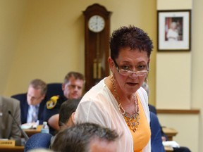 JASON MILLER/The Intelligencer Sparks were flying at city hall Monday night during the regular meeting of city council. Here, Coun. Jackie Denyes (top) criticizes Coun. Kelly McCaw (bottom). In middle of photo is Coun. Egerton Boyce