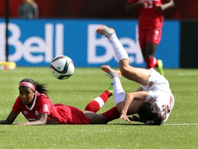 Canada's Robyn Gayle (left) and China's Haiyan Wu (right) collide during FIFA Women's World Cup at Commonwealth Stadium in Edmonton on Saturday, June 6, 2015. (Perry Mah/Postmedia Network)