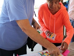 Barbara Dunn and Chris Barker cast their votes for a waterfront off-leash zone at the second Centennial Park meeting held Tuesday night. City staff polled the public on some of the design features they'd like incorporated into the estimated $5.5-million plan to finish the remediation and redesign of Centennial Park. (BARBARA SIMPSON/THE OBSERVER/POSTMEDIA NETWORK)