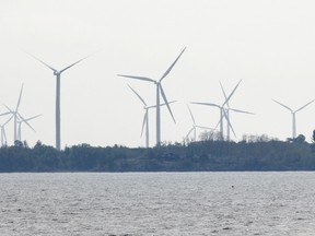 File photo of wind turbines on Wolfe Island, in Kingston Ont., seen from the Frontenac II on route to Wolfe Island in Marysville, Ont. on Wednesday May 27, 2015. Julia McKay/Postmedia Network