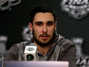 Cedric Paquette of the Tampa Bay Lightning speaks to the media after beating the Chicago Blackhawks in Game 3 of the Stanley Cup final at the United Center on June 8, 2015 in Chicago. (Jonathan Daniel/Getty Images/AFP)