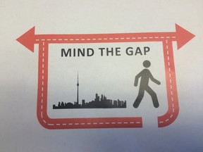 Councillor Stephen Holyday showed council a graphic showing a missing piece of Toronto’s highway network with the words "mind the gap" during the Gardiner debate Wednesday, June 10, 2015.