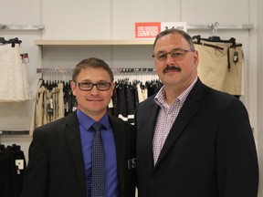 Shaun Wisteard, the store manager at Sears at the Cataraqui Centre, and Sears CEO Ron Boire at the Kingston location on Wednesday. (Jacob Rosen/For The Whig-Standard)