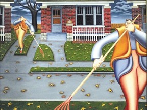 Raking Leaves, by the late Londoner Brian Jones, is one of the paintings from the artist?s beloved Neighbours series of works that are part of an exhibit opening Saturday at Michael Gibson Gallery.