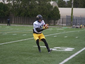 Luke Tasker pulls in a pass during Hamilton Tiger-Cats training camp on June 10, 2015. Tasker had a strong campaign last season, making 72 catches for a team-high 937 receiving yards. (HAMILTON TIGER-CATS/Photo)
