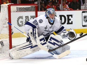 Andrei Vasilevskiy of the Tampa Bay Lightning tends the goal against the Chicago Blackhawks during Game 4 of the Stanley Cup final Wednesday at the United Center in Chicago. (Bruce Bennett/Getty Images/AFP)