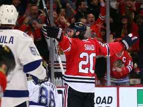 Brandon Saad of the Chicago Blackhawks celebrates after scoring against the Tampa Bay Lightning during Game 4 of the Stanley Cup final at the United Center on June 10, 2015 in Chicago. (Bruce Bennett/Getty Images/AFP)
