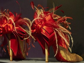 A pair 'Anemone' high heel shoes, created by French designer Christian Louboutin, sit on display during a photocall for an exhibition entitled 'Shoes: Pleasure and Pain' at the Victoria and Albert Museum in central London on June 10, 2015. AFP PHOTO / NIKLAS HALLE'N