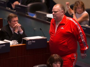 City Councillor, Rob Ford, wearing a bright red track suit is at City Hall on June 11, 2015 for the Gardiner Expwy. vote. Craig Robertson/Toronto Sun)