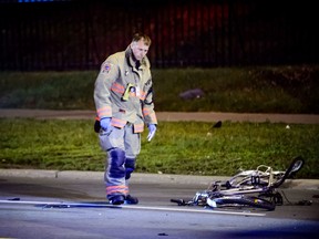 A 44-year-old bicyclist is dead after being struck by a car on Finch Ave at Tobermory Dr. early Thursday, June 11, 2015. (VICTOR BIRO/Special to the Toronto Sun)