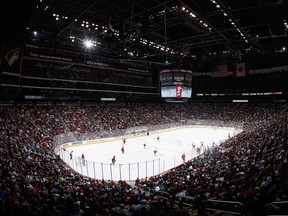The city of Glendale has presented the possibility of renegotiating the Phoenix Coyotes' lease at the Coyotes' home rink Gila River Arena in Glendale, Arizona. (Christian Petersen/AFP)