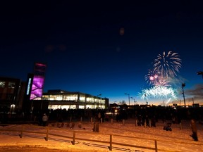Fireworks explode over the Strathcona County Community Centre during one of the many yearly celebrations in the county.