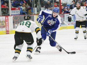 Sudbury Wolves import forward Pavel Jenys winds up for a shot during OHL action at Sudbury Community Arena last season. The Wolves will have to release one of last season's two imports in order to draft another with the third overall pick of the CHL Import Draft at the end of this month. John Lappa/The Sudbury Star