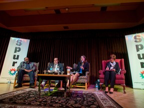 Danielle Smith, former leader of the Wildrose Party, speaks alongside Duane Bratt, chair and professor, Department of Policy Studies at Mount Royal University, and market researcher Brian Singh (L) during the Future of Alberta Politics forum at the Dutton Theatre in downtown Calgary, Alta., on Sunday, April 26, 2015. The forum was part of the Spur Festival, "a national festival of politics, art and ideas," according to its website. Lyle Aspinall/Calgary Sun/Postmedia Network