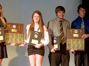 Valley Heights Secondary School recognized its 2014-15 Athletes of the Year on Wednesday. From left are Brianna Spanics (Senior Female Athlete of the Year), Claire Weaver (Junior Female of the Year), Chris Bevan (Senior Male Athlete of the Year), and Jeremy VanWynsberghe (Junior Male Athlete of the Year). (CHRIS ABBOTT Tillsonburg News)