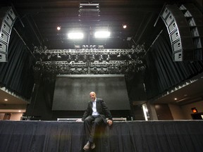 Mike Manuel, seen here on the stage of his London Music Hall, has big plans for his latest buy, the  Nash Jewellers building at 182 Dundas St. He wants to turn it into a multi-use commercial music incubator. (DEREK RUTTAN, The London Free Press)