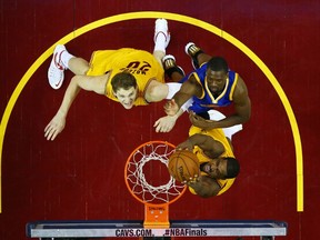 Cavaliers’ Tristan Thompson throws down a dunk in Game 4. Thompson is averaging 42 minutes a game in the Finals. (AFP)