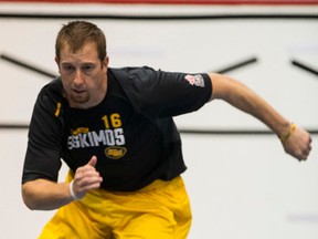 Quarterback Matt Nichols runs the 5-10-5 shuffle test during the opening day of Edmonton Eskimos Training Camp at the TransAlta Tri Leisure Centre in Spruce Grove, Alta., on Saturday May 30, 2015. Ian Kucerak/Edmonton Sun/Postmedia Network