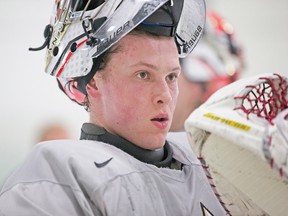 Callum Booth of the Quebec Remparts works out with Hockey Canada in Toronto’s west end on Friday. The young netminder hopes to be selected in the NHL entry draft later this month, but isn’t fussy about which round it is. (CRAIG ROBERTSON, Toronto Sun)