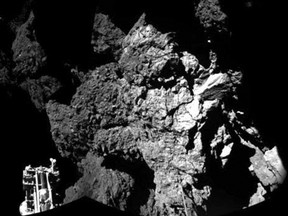 A probe named Philae is seen after it landed safely on a comet, known as 67P/Churyumov-Gerasimenko, in this CIVA handout image released November 13, 2014. (REUTERS/ESA/Rosetta/Philae/CIVA/Handout via Reuters)