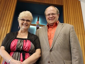 Lorrie Mootrey, pastor at Community of Christ Church in Sarnia, poses for a photo as the congregation celebrates it's 100th anniversary in Sarnia Saturday. With her is faith prophet-president Stephen Veazey, visiting from the U.S. for the occassion. Tyler Kula/Sarnia Observer/Postmedia Network