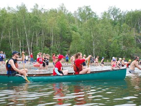 Participants and safety crew line up for the 2014 edition of the Ian McCloy Island Swim of the Sudbury Fitness Challenge. Next event is this Sunday, the Canoe Marathon.