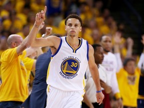 Warriors’ Stephen Curry reacts in the third quarter against the Cavaliers during Game 5 of the NBA Finals in Oakland on Sunday. The Warriors can close out the series with a win tomorrow. (fAFP)