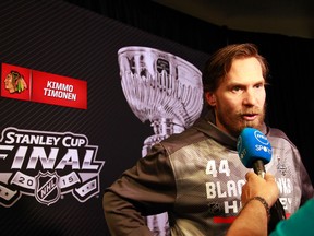 Chicago Blackhawks defenceman Kimmo Timonen talks during media day prior to the Stanley Cup Final at Amalie Arena on June 2, 2015. (Kim Klement/USA TODAY Sports)