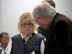 Joyce Mitchell, left, speaks with her lawyer Steven Johnston as she appears before Judge Buck Rogers in Plattsburgh City Court, Plattsburgh, N.Y., on June 15, 2015. (REUTERS/G.N. Miller/NY Post/Pool)