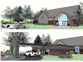 The schematic drawing shows what the new Main Street United Church could look like, both from Ontario Road (top) and from Montreal Street. SUBMITTED