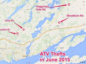 Between June 2 and June 8 Kingston Police have had reports of at least four thefts of all-terrain vehicles in their jurisdiction, all north of Hwy. 401. (Courtesy of Kingston Police)