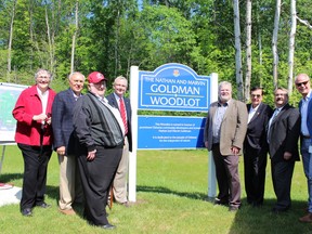 Marvin and the late Nathan Goldman were honoured for their years of work building in Oshawa on June 2. Left to right are Nancy Diamond, 
Nester Pidwerbecki, Marvin Goldman, Mayor John Henry, Jeff Goldman, John Akker, Bob Chapman and Dan Carter.